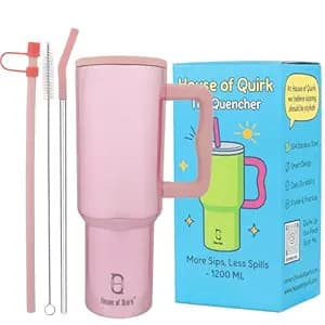 House of Quirk 1200ML Stainless Steel Tumbler with Handle & Lid, 2 Straws – Large Travel Mug Water Cup for Gym, Office & Outdoor Use (Mettalic Pink)