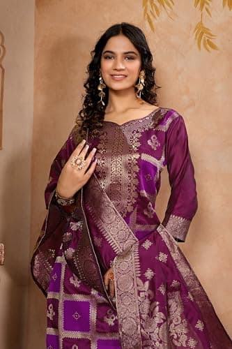 BROYAAR SHOP Traditional Banarasi Jacquard Silk Salwar Suit, 3-Piece Ethnic Dress Set (IN, Alpha, 2XL, Regular, Standard, Wine) 3