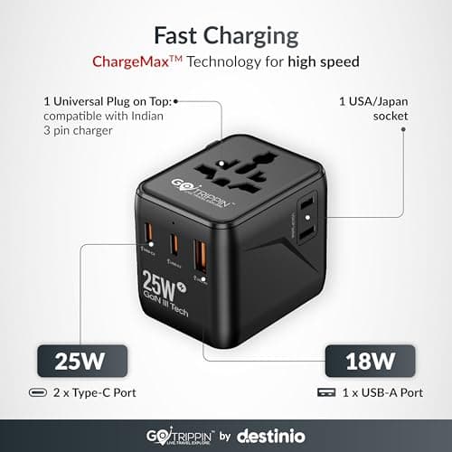 Gotrippin by Destinio Universal Travel Adapter - (25W) 5-in-1 Fast Charging Multi Plug Adapter, 2 Type C; 1 USB A; 1 USA Socket; International All in One Charger Adaptor 2