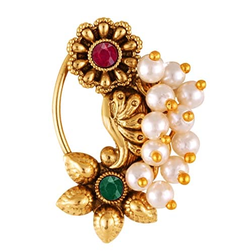 Vighnaharta Gold Plated with Pearl Alloy and Artificial stone Non Piercing Maharashtrian Nath for women (VFJ1182NTH-Press)