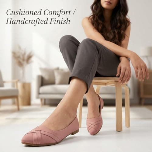 HINAARA Bellies for Women | Blush Pink Lycra Crossover Striped Ballerina Flats | Soft Stretchable Belly Shoes | Anti-Slip Sole | Office College Festive 4