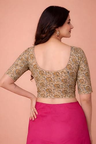 Amazon Brand - Anarva Women's Kalamkari Print Cotton Stretchable Round Neck Readymade Saree Blouse (Kalamkari-Blouse-keri-Beige-XL) 3