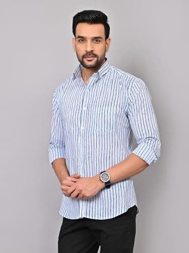 Aaheli Men’s Blue Haze Stripes Cotton Shirt | Handbrush-Style Vertical Blue Stripes, Soft & Breathable Cotton, Regular Comfort Fit Full Sleeve Casual Shirt for Men | L 4
