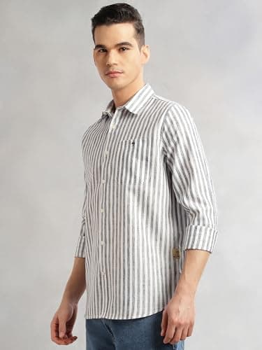 Thomas Scott Men’s Slim Fit Casual Shirt | Cotton Linen Fabric | Vertical Stripes | Long Sleeves | Spread Collar (TS1385_Navy_M) 3