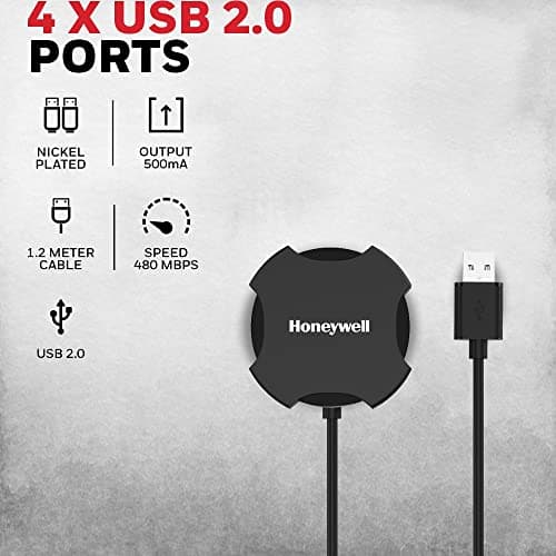 Honeywell 4 in 1 Ultra Slim USB Hub 2.0,1.2Meter(4 feet) Cable, with a Transfer Speed of 480MBPS, Universally Compatible with All USB PC Speaker Laptop Hard Drive Keyboard Printer Pen Drive 2