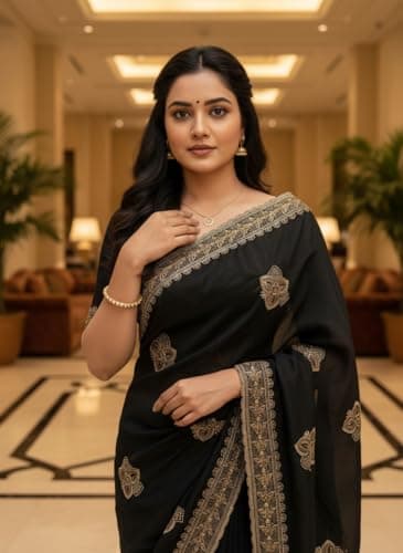 WEALTHY WOMEN Elegant Black Saree with Gold Embroidery, Traditional Indian Ethnic Wear, Formal Occasion Dress, Embellished Border Design (black) 2