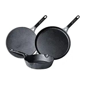 Meyer Pre-Seasoned Cast Iron Tawa 3-Piece Cookware Set - 28cm Flat Dosa Tawa + 20cm Frying Pan + 26cm Roti Tawa | Cast Iron Utensils for Cooking | Combo Offer | Cast Iron Cookware for Kitchen, Black