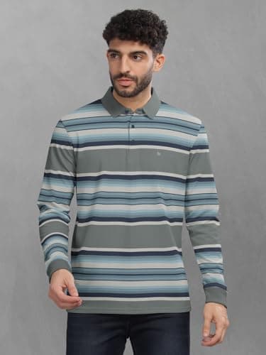 BULLMER Striped Textured Printed Polo Neck Fullsleeve T-Shirt with Rib for Men_Sky Blue_Large 2
