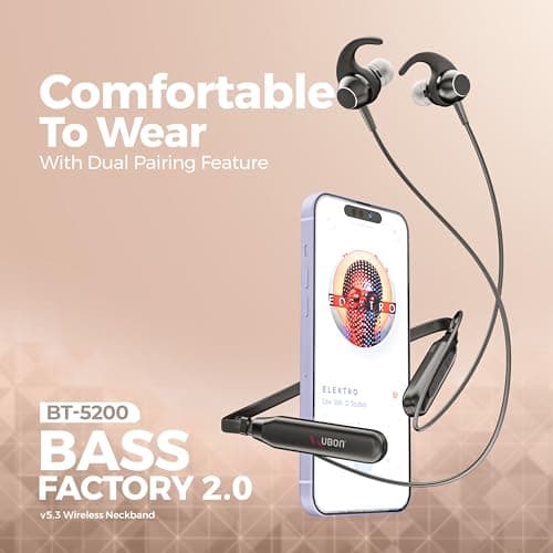 UBON BT 5200 Wireless 40 Hrs Playback, Dual Pair, Fast Charge, Magnetic Buds, Bluetooth Neckband with Mic (Black) 4