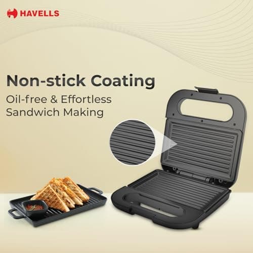 Havells Meltz Grill Sandwich Maker | 800 W | Power Indicator Light | Non-Stick Coating Plates | Heat Resistant Body | Quick Heating (Black) 4