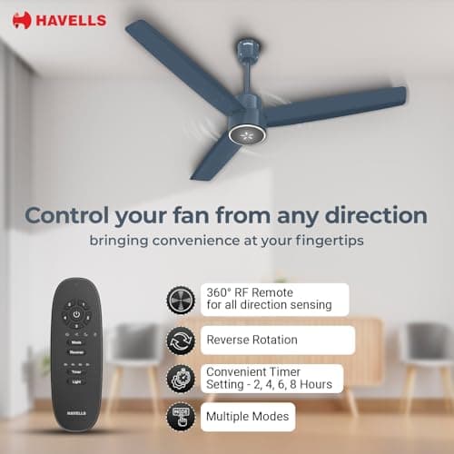 Havells EPIC SIGNIA BLDC Ceiling Fan 1200mm, 5 star, LED Speed Indicator, 380 RPM, Up to 65% Savings,Reverse Rotation,4 Speed Modes,Low Wattage 30W,Low Noise,Air Flow:225 CMM, Denim Blue 5