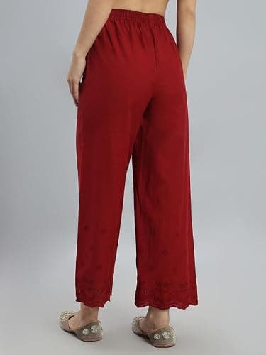 GO COLORS Women Cotton Hakoba Palazzo Ankle Length, Floral Embroidery, Relaxed Fit, Mid-Rise, with Side Pocket Light Maroon 4