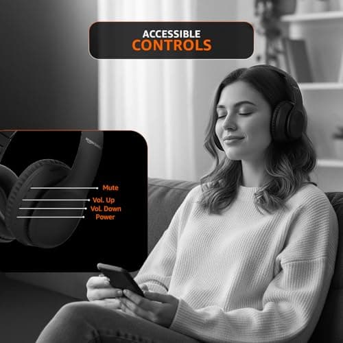 Amazon Basics Wireless Over Ear Headphones, Bluetooth 5.4, 40mm Drivers, 18H Playtime, Foldable Lightweight Design with Aux Support, Deep Bass & Mic, Black 4