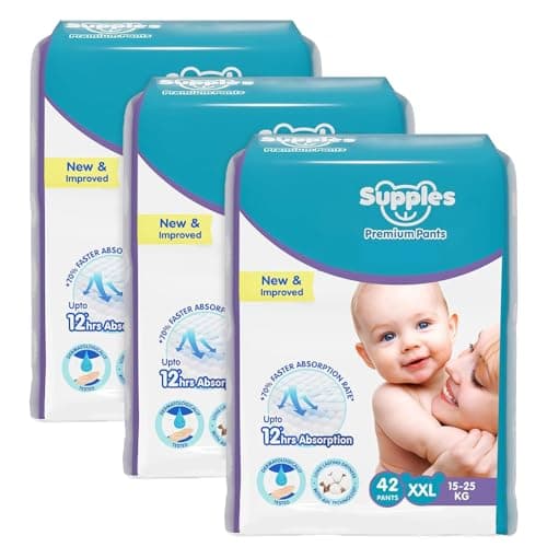 Amazon Brand - Supples Premium Baby Diaper Pants | 84 Baby Diapers | XXL | 15-25 Kg | 42 x 3 Packs | 12 Hrs Absorption | Cushiony Cotton Soft Fabric | Phthalates-Free | Triple Leak Guard