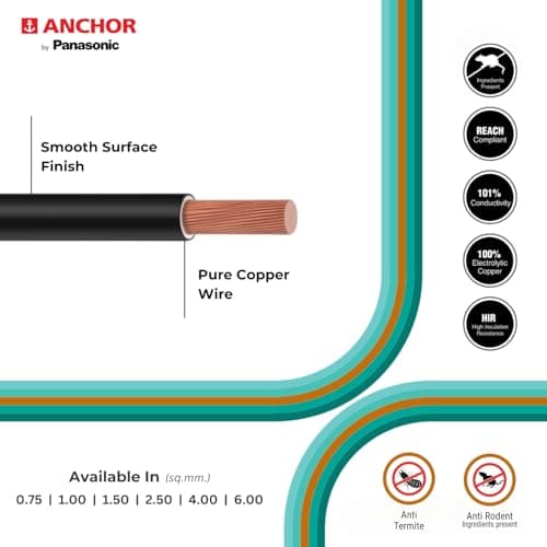 Anchor by Panasonic 1.5 mm COPAPro FR Electrical Wire, 90 Meter Fire Resistant Single Core PVC insulated Pure Copper Wire, Anti Rodent Anti Termite Flexible Wire for Connections (BLACK, 96139BK) 4