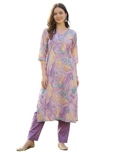 INDO ERA Women's Cream Cotton Blend Floral Printed Straight Fusion Kurta & Palazzo Set