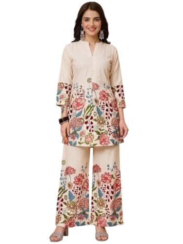Women's Ethnic Co-Ord Set | Kurta Pant Set | Kurta Palazzo Set | Stylish Cotton Suit Set for Women, Festival Co-ord Set (in, Alpha, 3XL, Regular, Woman, Floral Off-White)