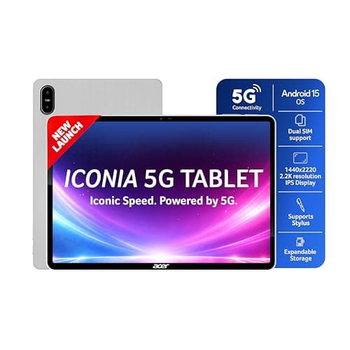 Acer Iconia 5G Tablet|11.45" 2.2k”90Hz IPS Display, MediaTek 8791 Processor, 8GB RAM + 128GB Storage, 16MP Rear+8MP Front Camera,Wi-Fi + 5G Volte, Android 15,BT 5.2, Slim Metal Body,Silver
