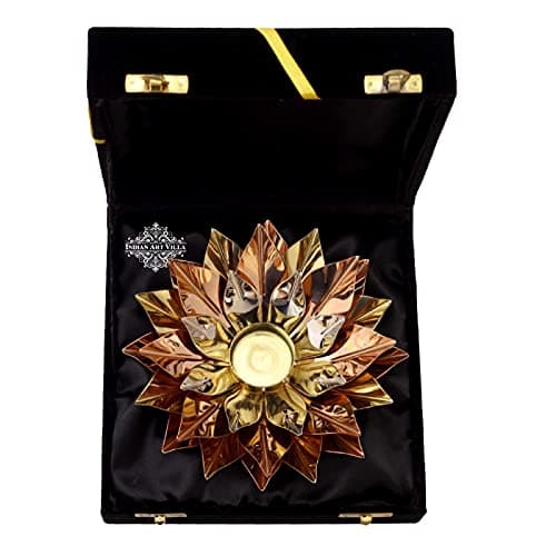 Indian Art Villa Pure Copper Lotus Design Tea Light Candle Diya / Deepak with Black Velvet Gift Box, Colour-Gold, Silver & Brown, Width-8 Inches