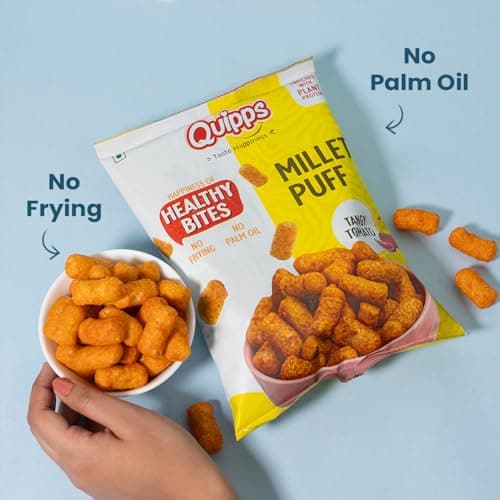 Quipps Millet Puff Tangy Tomato | Non-Fried Roasted Millet Snack | High Fiber & Plant Protein | Gluten Free, Vegan, Non-GMO | No Preservatives, No Palm Oil | Light & Crunchy Healthy Snack for Office & 3