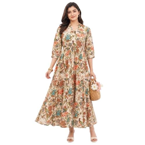 Adore India Women Cotton Cambric Dress | Floral Printed Western Midi & Maxi Dress | Summer Casual Dress for Women | Sleeveless & Half Sleeve Tiered Dresses | Comfortable Breathable Cotton Outfit