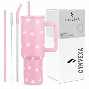CYNVEXA Tumbler with lid and Straw 1200ML Cup Stainless Steel Vacuum Insulated Tumbler for Water, Iced Tea or Coffee 1.2L Office Gym Travelling (Pink Flower)