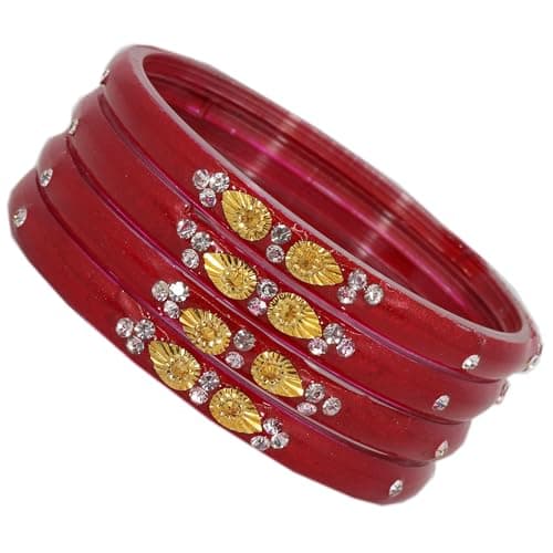 NMII Glass with Zircon Gemstone and Beads Studded Glossy Finished Kada For Women and Girls, Pack of 4, (Red_2.8 Inches) 2
