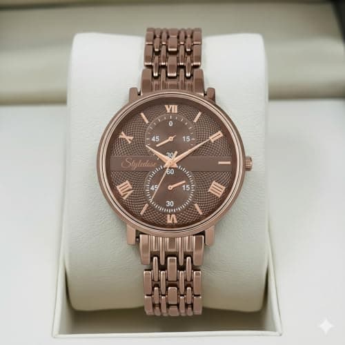 styledose Women's Luxury Black Analog Watch – Rose Gold Roman Numerals with Stylish Metal Chain Strap Wrist Watches for Women's & Girls&Miss&Ladies (Brown) 2