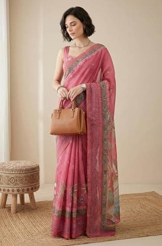 Janasya Women's Pink Silk Blend Ready To Wear Ethnic Motif Printed Saree With Unstitched Blouse 2