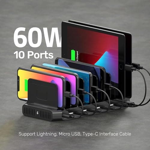 WISTAR 60W Charging Station for Multiple Devices, Zobirez 10-Port USB C Fast Charger Stations for MacBook, iPhone, Android Cell Phone, iPad, Tablet, Family Multi-Device Organizer Charging Dock, Black 2
