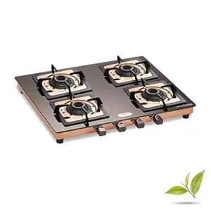 Urban Chef Gas Stove 4 Burners Glass Top | ISI Certified 4 Burner Stoves | Kitchen Gas Chulha LPG & PNG Compatible | Toughned Brass Burner Manual Ignition Cooktops | Stove,360° Nozzle-Rose Gold PVD