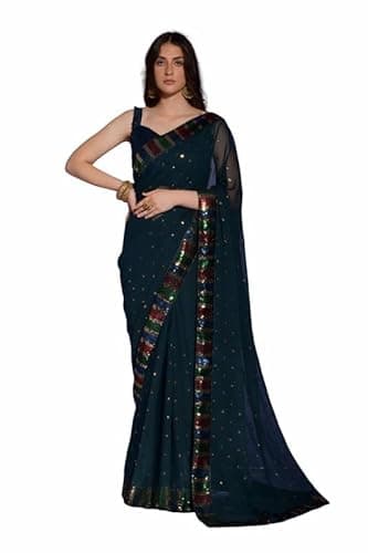 Elegant Women's Saree with Blouse Piece Traditional Ethnic Wear Koski 4 Sequence-Petrol