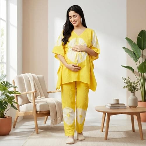 Aaheli Women’s Yellow Tie-Dye Maternity Kaftan Feeding Night Suit Set | 100% Cotton | V-Neck Top with Front Zip for Nursing | Adjustable Waist | Soft & Breathable Loungewear Set with Pant | Yellow 4