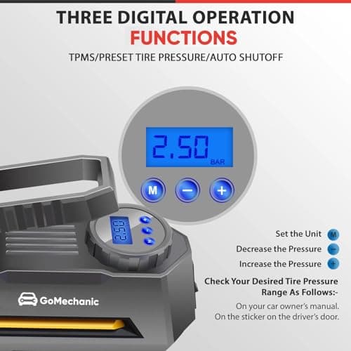 GoMechanic Digital Tyre Inflator for Car - 150 psi, 12V DC Portable Air Pump/Compressor with Digital Tyre Pressure Gauge, Suitable for Bikes, Bicycles or Any Inflatable With LED Light (Gusto T2) 4