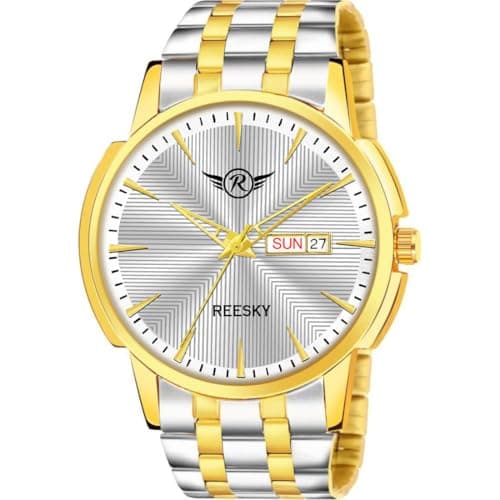 REESKY Men's Analog Watch, Black Dial, Gold/Silver Plated, Day & Date Display (Silver)