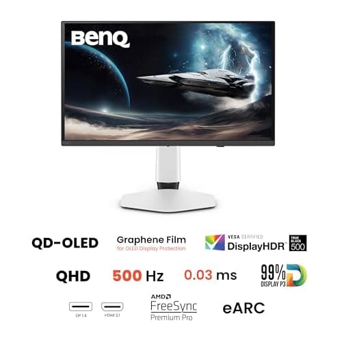 BenQ MOBIUZ EX271QZ 27” 2K QHD 3rd Gen QD-OLED 500Hz Gaming Monitor| 0.03ms GtG|HDMI 2.1, DP 1.4|USB-C|99% DCI-P3|AMD FreeSync Premium Pro|Game Art Mode|Height,Swivel, Tilt Adjustable(White) 2