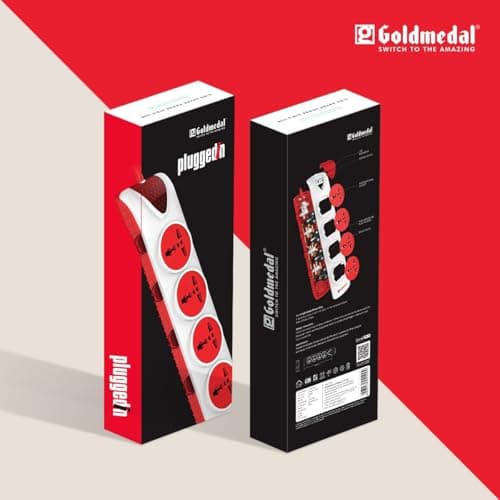 Goldmedal Plugged-in 4x4 Extension Board with Surge Protector | 4 Universal Sockets | 2-Meter Heavy Duty Extension Cord | Individual Switches with LED Indicators | Power Strip for Home & Office 4