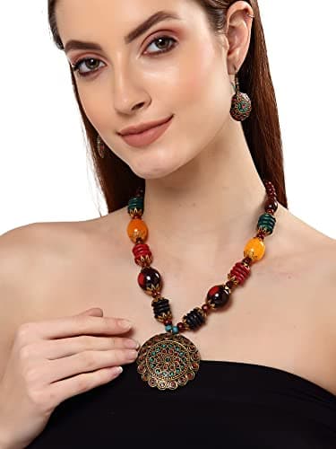 Shining Diva Fashion Latest Stylish Traditional Tibetan Pendant Necklace Jewellery Set for Women (13208s) (Style1) 6