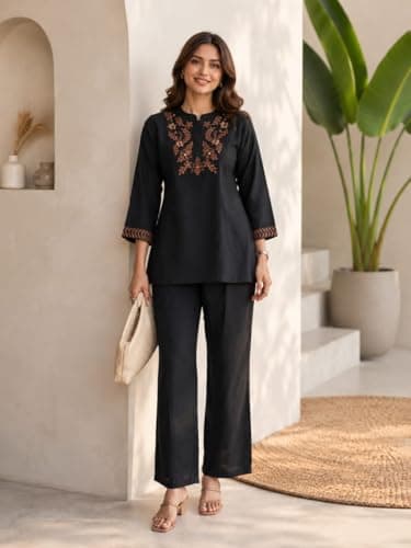 NISFAS Designer Co-Ord Set for Women Premium Roman Silk Festival Wear Stylish Top and Bottom Set Party, Matching Set Elegant Ethnic for Women Casual & Occasion Wear (IN, Alpha, XL, Regular, Black) 4