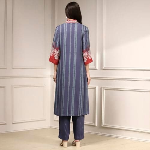 Biba Women's Blue Viscose Rayon Straight Printed Suit Set 5