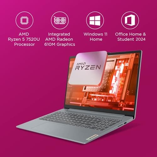Lenovo Ideapad Slim 3 AMD Ryzen 5 7520U 15.6" (39.6cm) FHD Thin and Light Laptop (16GB/512GB SSD/Windows 11/Microsoft 365 Basic + Office Home 2024/Backlit Keyboard/Grey/1.6Kg), 82XQ00XDIN 3