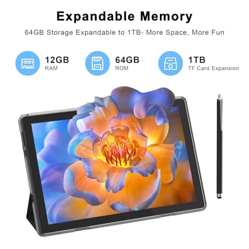 HOTTABLET 10" Android 15 Tablet, 12 (4+8 Expansions) GB RAM + 64GB ROM, 2+8MP Dual Camera, 6000mAh Battery (Tablet + Case + Pen) (Black) 3