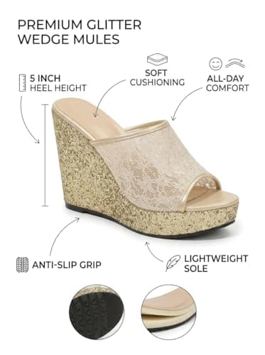 Uunda Fashion Women Gold Glitter Wedge Heel Sandals Lace Strap Open Toe Slip On Platform Party Use Fashion Heels for Wedding Evening Ethnic Use WD-5190-V3_37 3