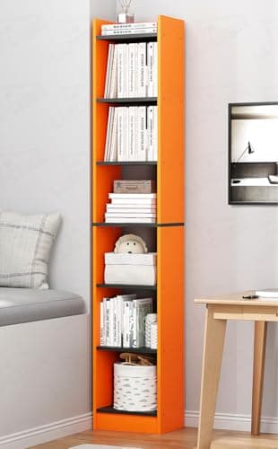 Lukzer 6‑Tier Engineered Wood Bookshelf | Dual‑Tone Orange & Grey Vertical Bookcase | MR‑005/Lavamist | Space‑Saving Multi-Purpose Corner Shelf for Living Room, Office, Bedroom | DIY Assembly