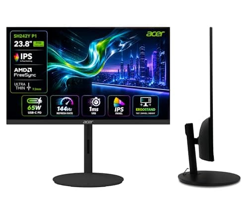 Acer SH242Y P1 23.8 Inch FHD IPS Gaming Monitor I 144Hz Refresh Rate I 1ms VRB I USB Type-C 65W PD I AMD FreeSync I Ultra Slim Design I ErgoStand I HDMI I Built-in Speakers I VisionCare Technology