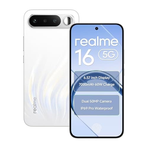 realme 16 5G Smartphone 12GB RAM 256 ROM 6.57" AMOLED 120Hz Display, 7000mAh Titan Battery 60W Fast Charge, Dual 50MP AI Camera, MediaTek Dimensity 6400 Turbo Processor, IP69 Air White