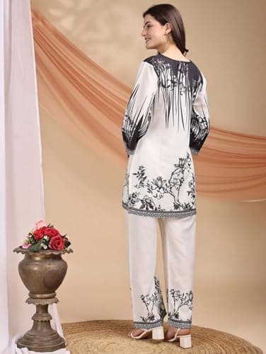 Women's Co-ord Rayon Floral Printed Kurta Pant Set | High-Low Hem & Full Sleeves | Ethnic Co-ord for Festive & Casual Wear | Co-ord Set For Women Stylish (IN, Alpha, L, Regular, Women, White) 4