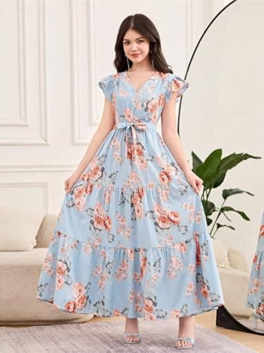 SKYCARRY Girls Cotton Floral Maxi V Neck Flutter Sleeve Tiered Skirt for Kids Blue Dress for Girl 12-13 Years and Ages 5 to 14 Years Birthday Outfit Stylish Frock 5