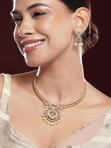 Rubans 22K Gold-Plated Emerald Green, Ruby Pink & White Cubic Zirconia Studded Temple Necklace Set 2