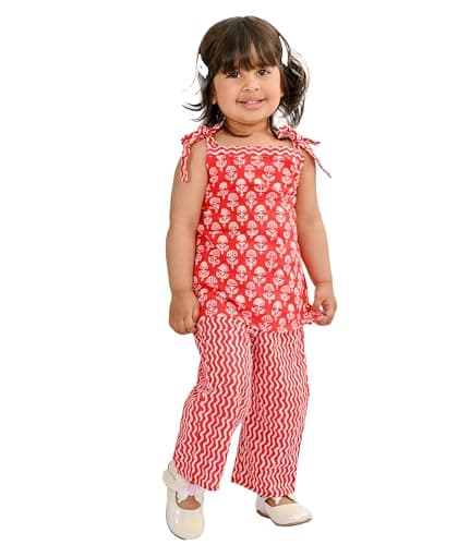 Tiny Bunnies Baby Girls' Clothes Cotton Top Pant Set 3-4 Years White Red Kids Birthday Party Dresses Children Stylish Summer Wear Shoulder Tie Outfit